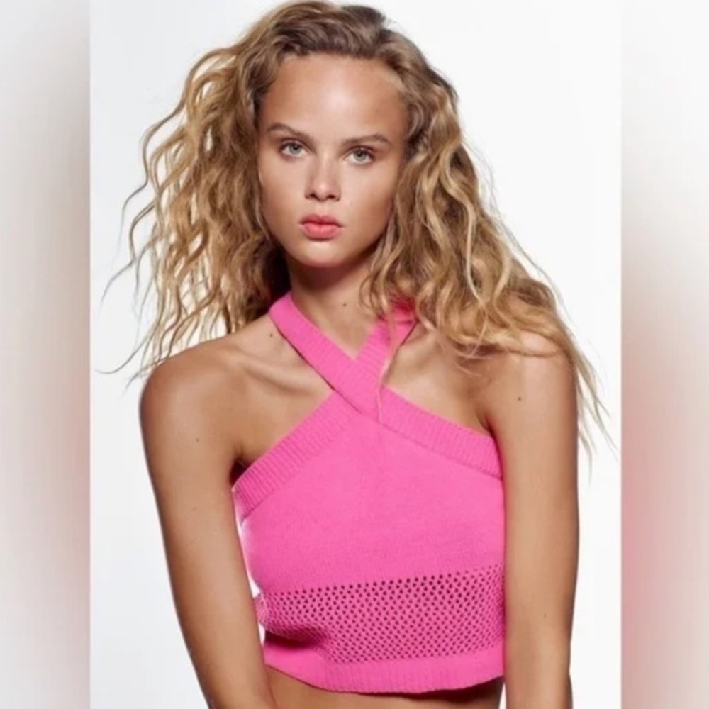 ZARA Hot Pink Crochet Halter Sleeveless Knit Crop Top